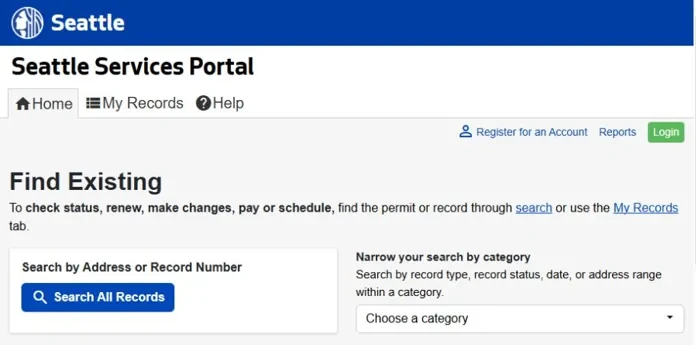 Seattle Services Portal public search entry point for an address or permit record number