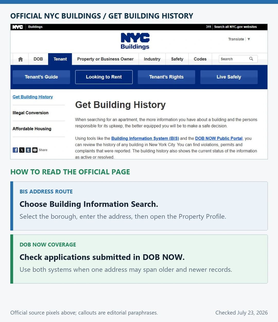 Official NYC Buildings guidance showing the BIS address search instructions and the separate DOB NOW Public Portal section