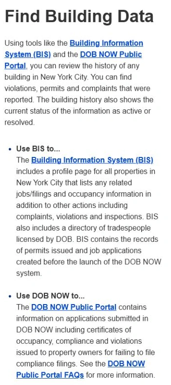 NYC DOB Find Building Data explanation separating older BIS records from DOB NOW filings