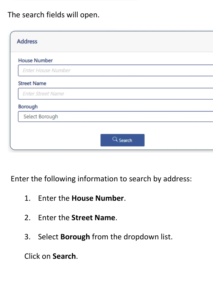 NYC DOB NOW official manual showing blank house number, street name, and borough search fields