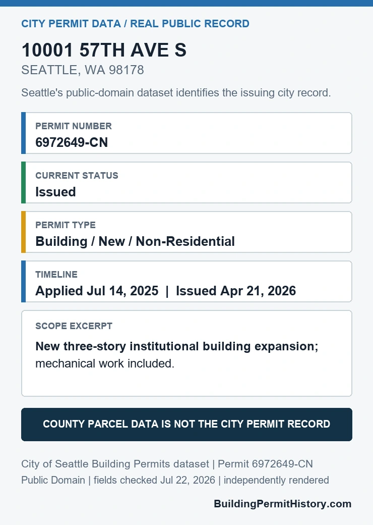 Real Seattle public-domain building permit record showing address, permit number, issued status, permit type, and dates