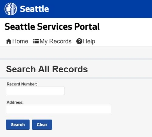 Seattle Services Portal blank Search All Records form with record number and address fields
