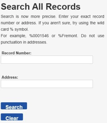 Seattle Services Portal Search All Records form with empty record number and address fields